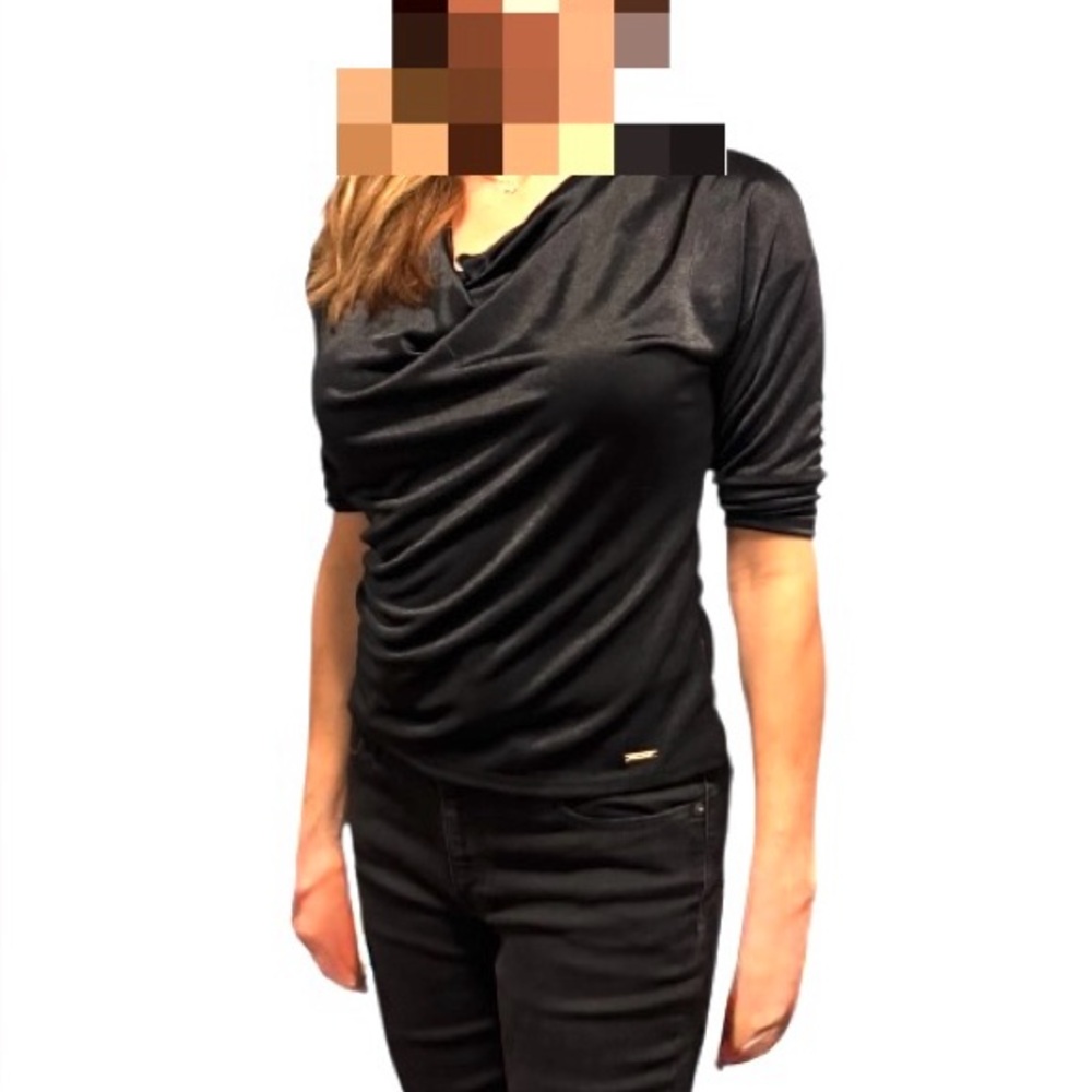 Tahari Blouse Top Cowl Drape Neck Stretch  Black NEW